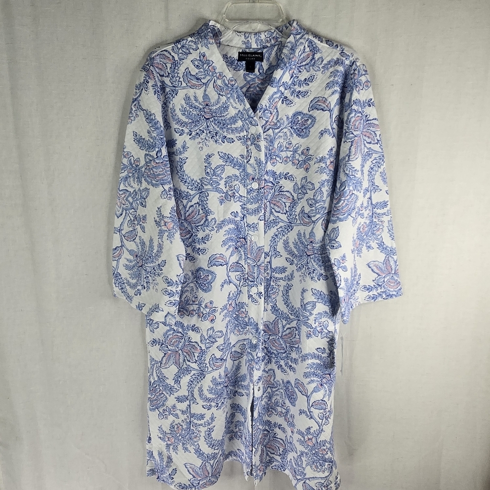 Miss Elaine Womens Large Blue Floral Quilted Button Up Robe